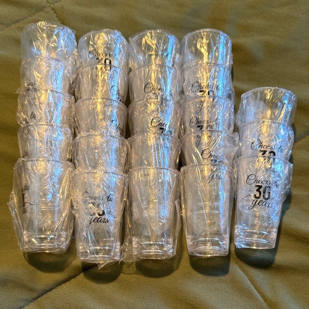 Clear Plastic Shot Glasses with “Cheers To 30 Years”